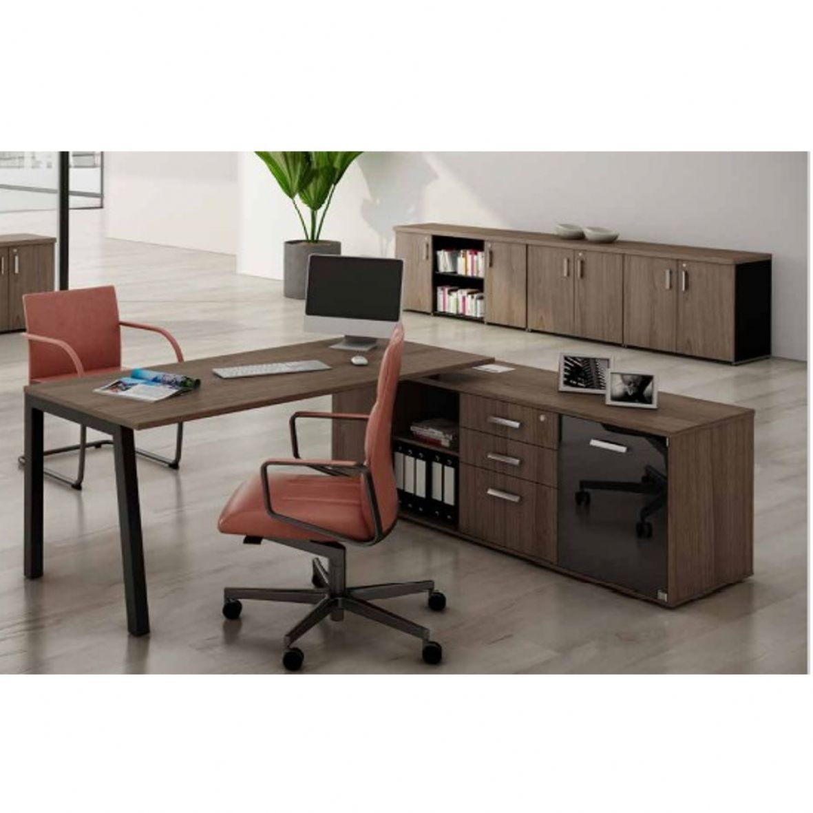 Mesa ARQ com pé cavalete e armário lateral