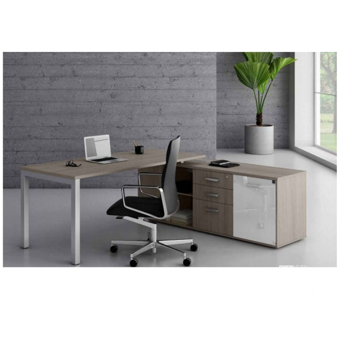 Mesa ARQ com pé trave reto e armário lateral